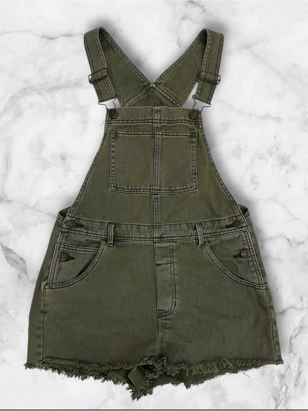 Melville 100% cotton green denim short overalls w/ a distressed, frayed hem. - Picture 2 of 14